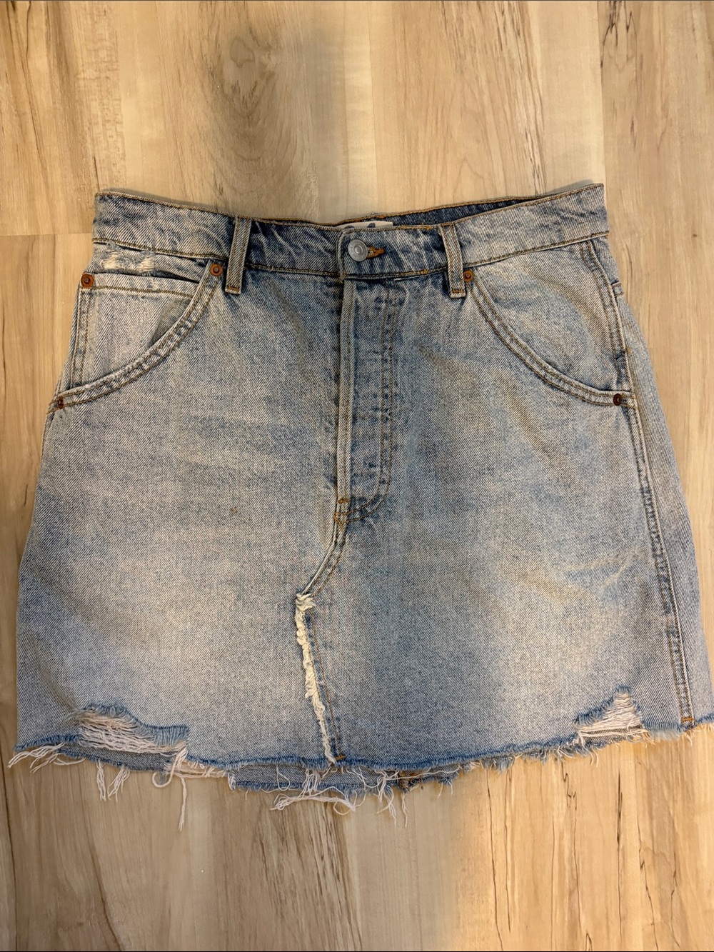 We The Free Light Blue Distressed Denim Mini Skirt